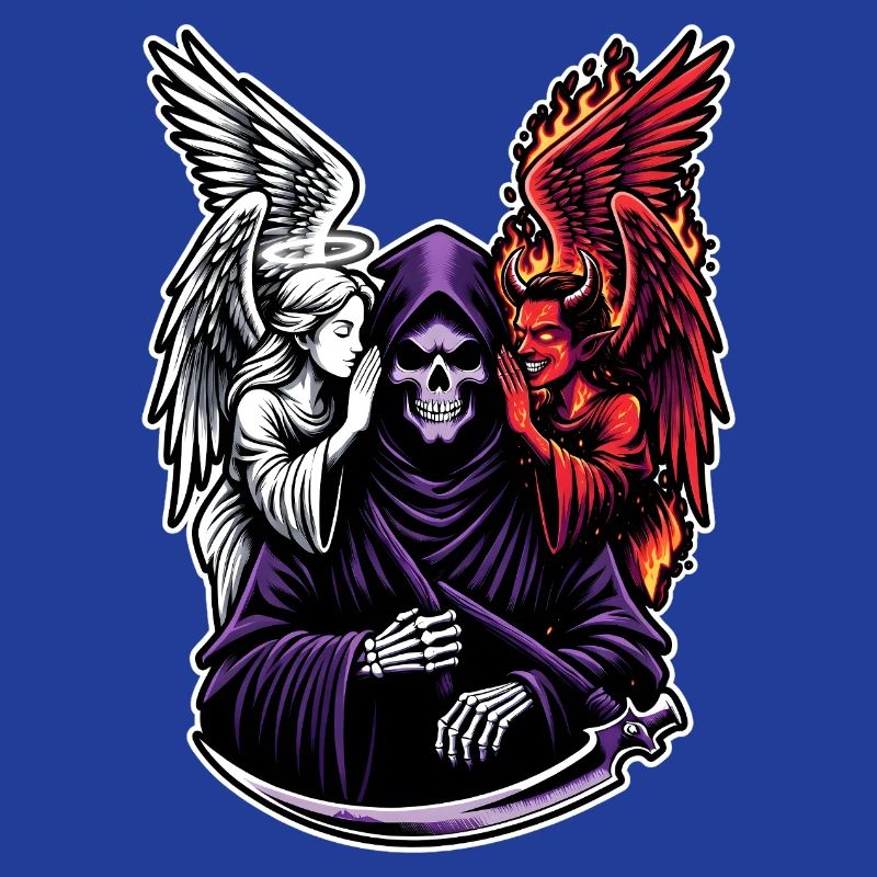 Sensenmann mit Engel und Dämon