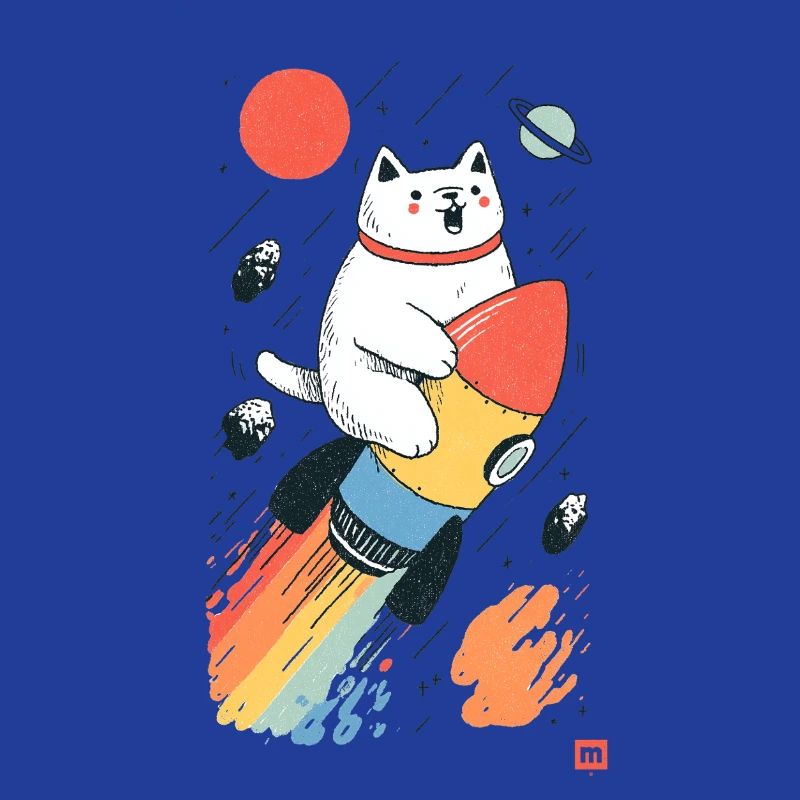 Chat sur fusée dans l’espace coloré