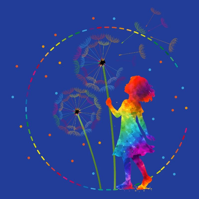 Regenbogen Mädchen mit Pusteblume