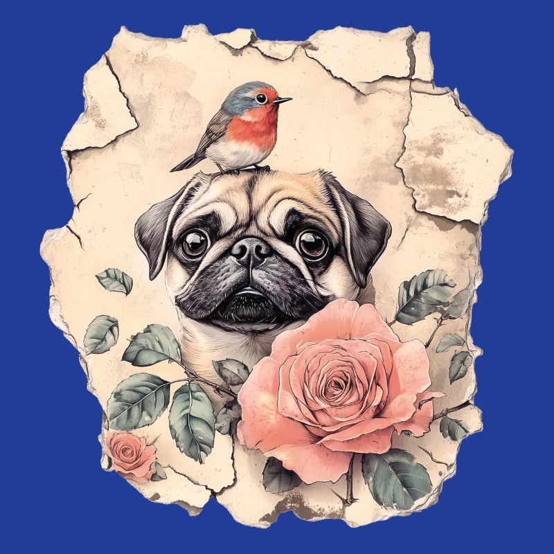 Mops mit Rotkehlchen