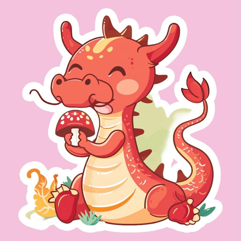 Petit dragon chinois mangeant un champignon