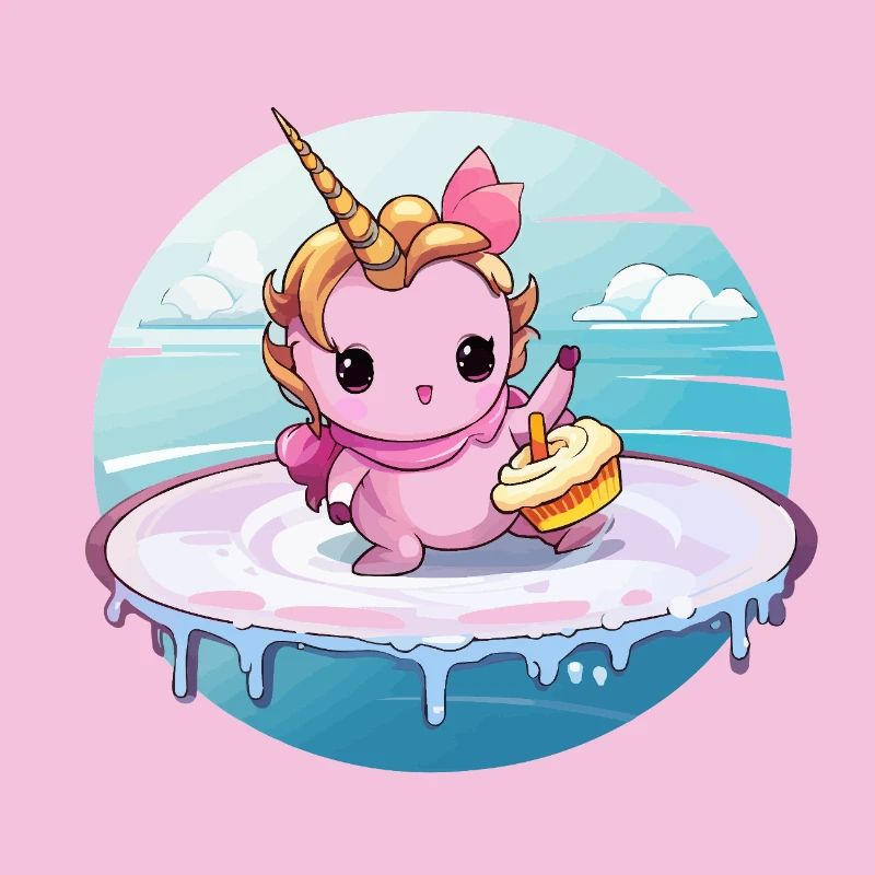 Unicorn on a surfboard with cupcake