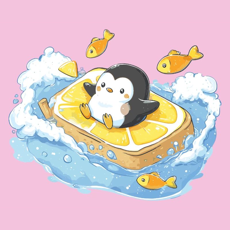 Captain Penguin on Orange Surfboard