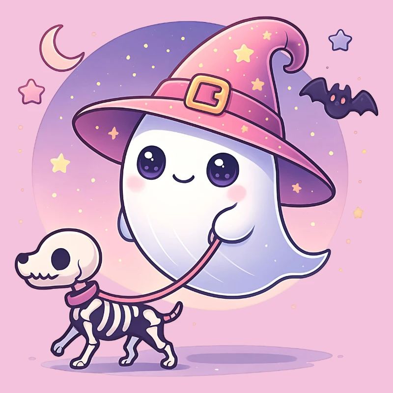 Pink Witch Ghost with Skeleton Dog – Halloween