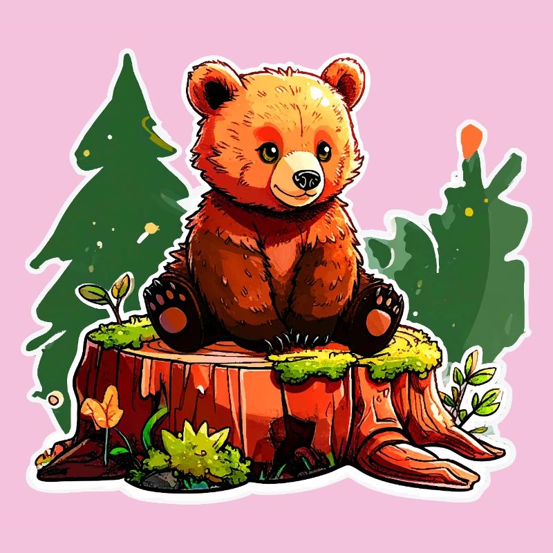 A little bear perched on a tree stump