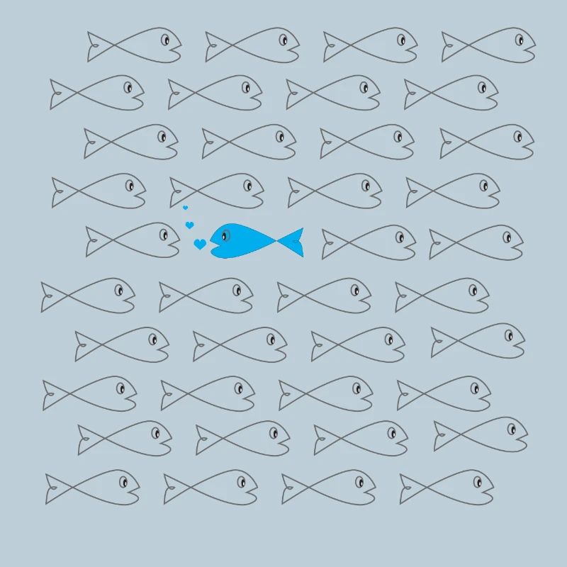 Gegen den Strom - blauer Fisch in grauem Schwarm 