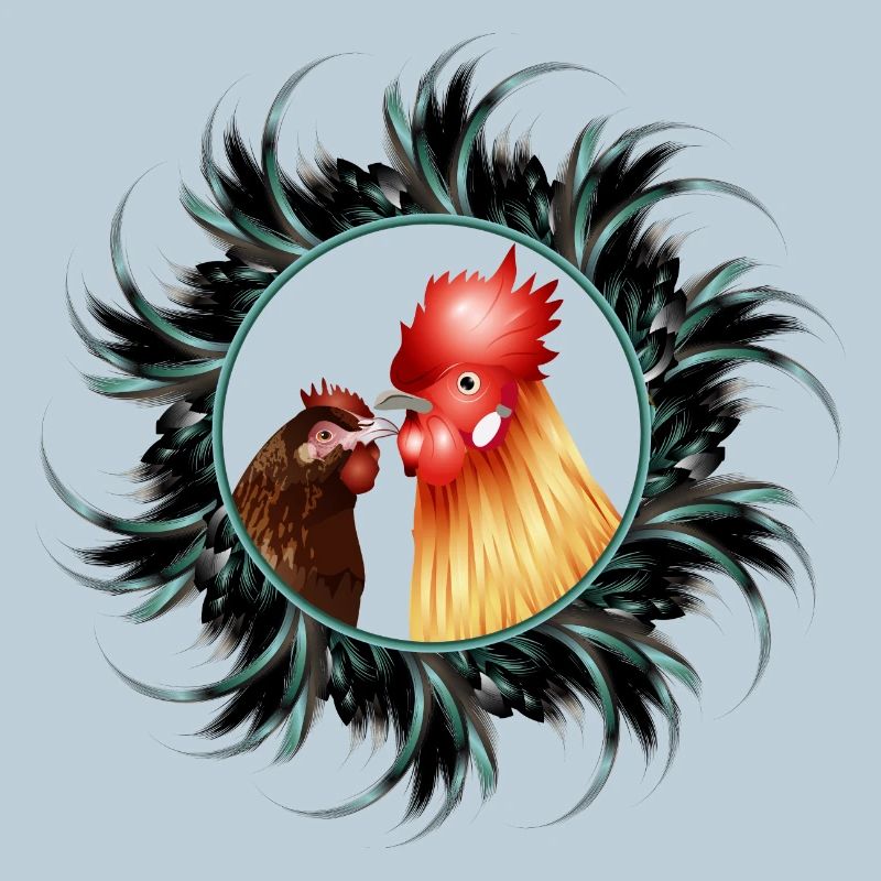 Rooster with hen in feather frame