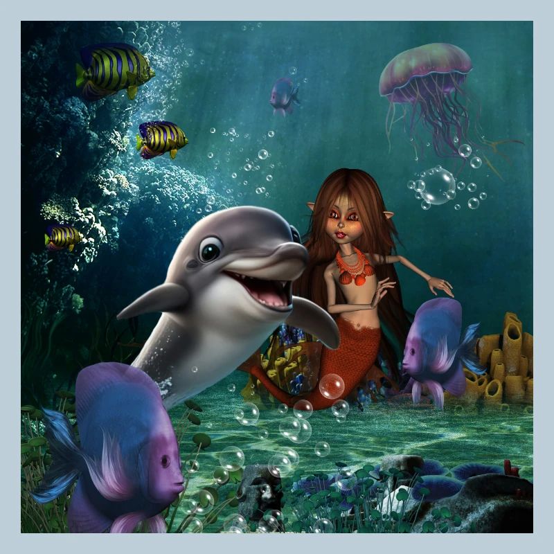 Sirène mignonne et dauphin drôle