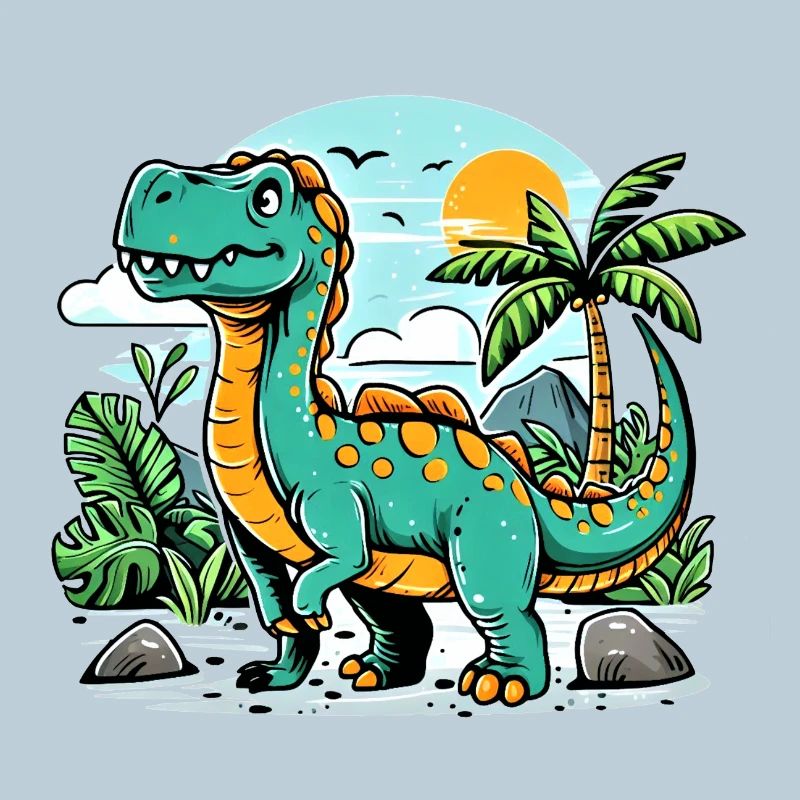 Cartoon Dinosaur with Jungle Sunset