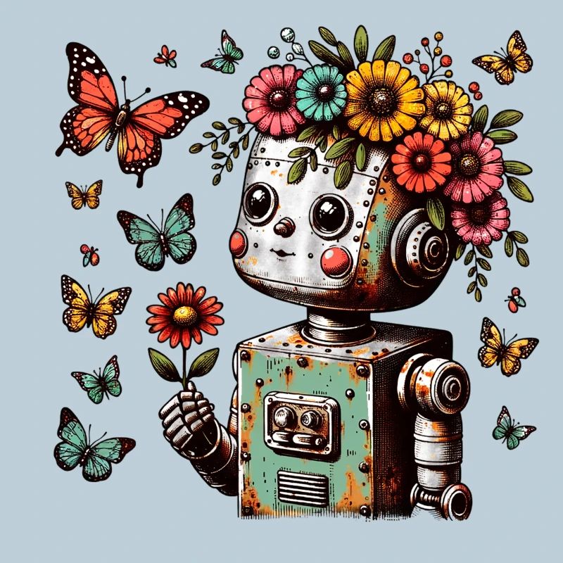 Enfant robot avec des fleurs, mignon, vintage