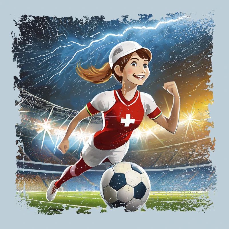 Fussballerin Comicfigur Stadion mit Blitzen