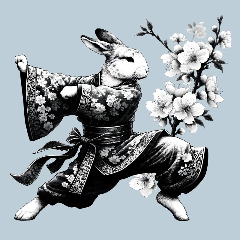 Lapin avec kimono en position de combat de kung-fu