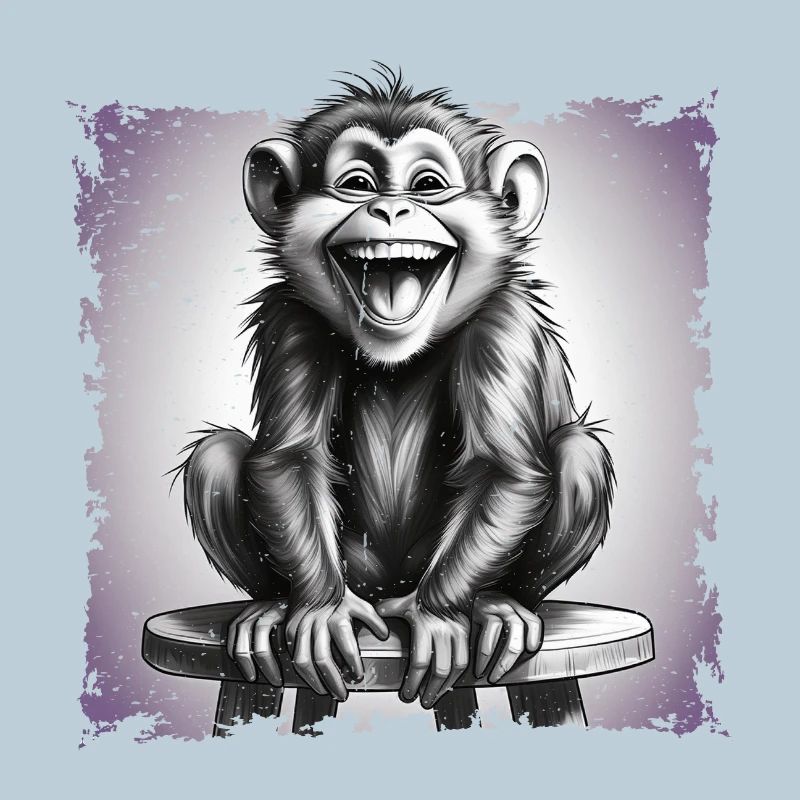Monkey laughing sitting on stool
