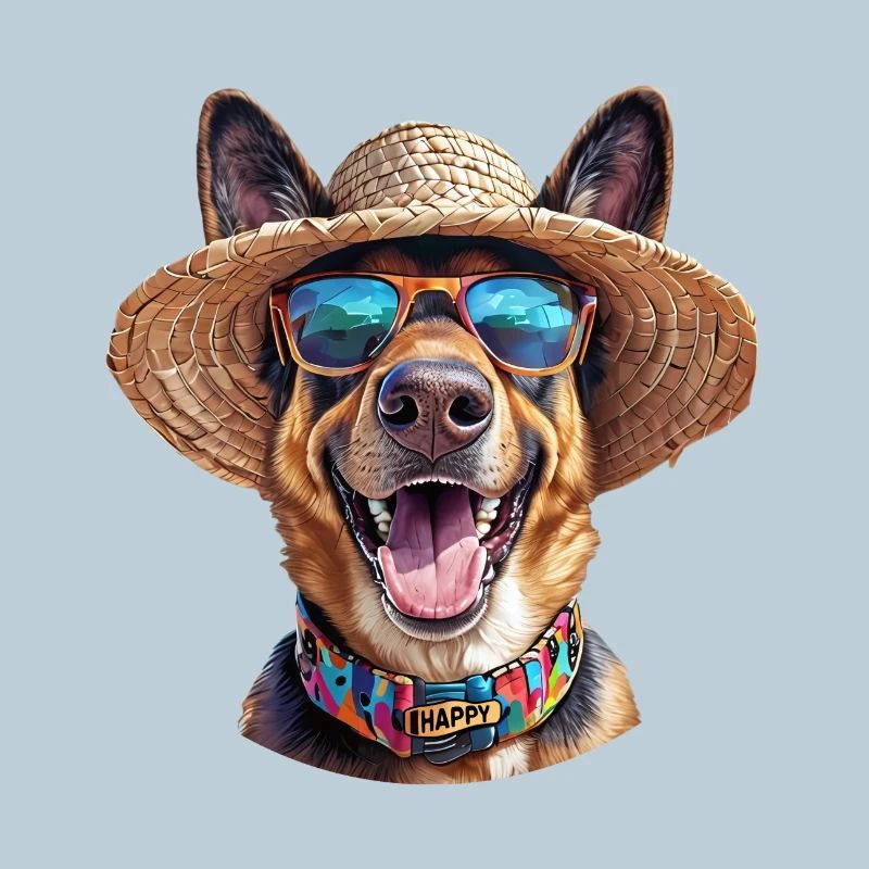 German Shepherd with Straw Hat & Sunglasses