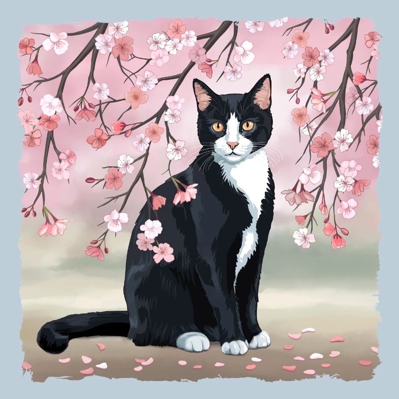 Chat en fleur de cerisier : Fleurs de Sakura roses, Chat noir