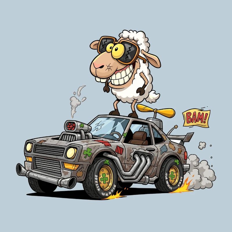 Whimsical Sheep Racing Car Illustration