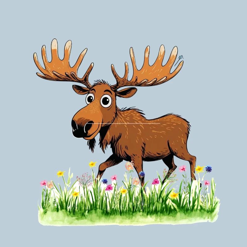 Whimsical Moose in Spring Meadow
