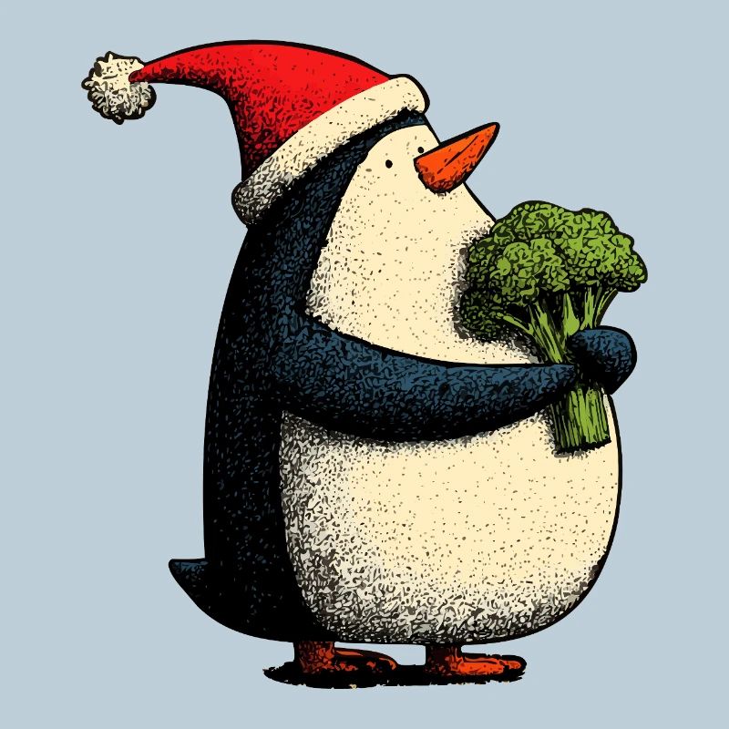 Funny Christmas Penguin with Broccoli