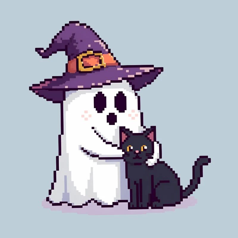 Pixel Ghost avec chapeau de sorcière et chat – Halloween