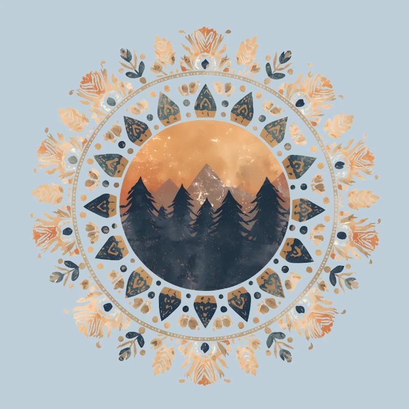 Boho Mandala mit Wald & Bergen im Sonnenlicht