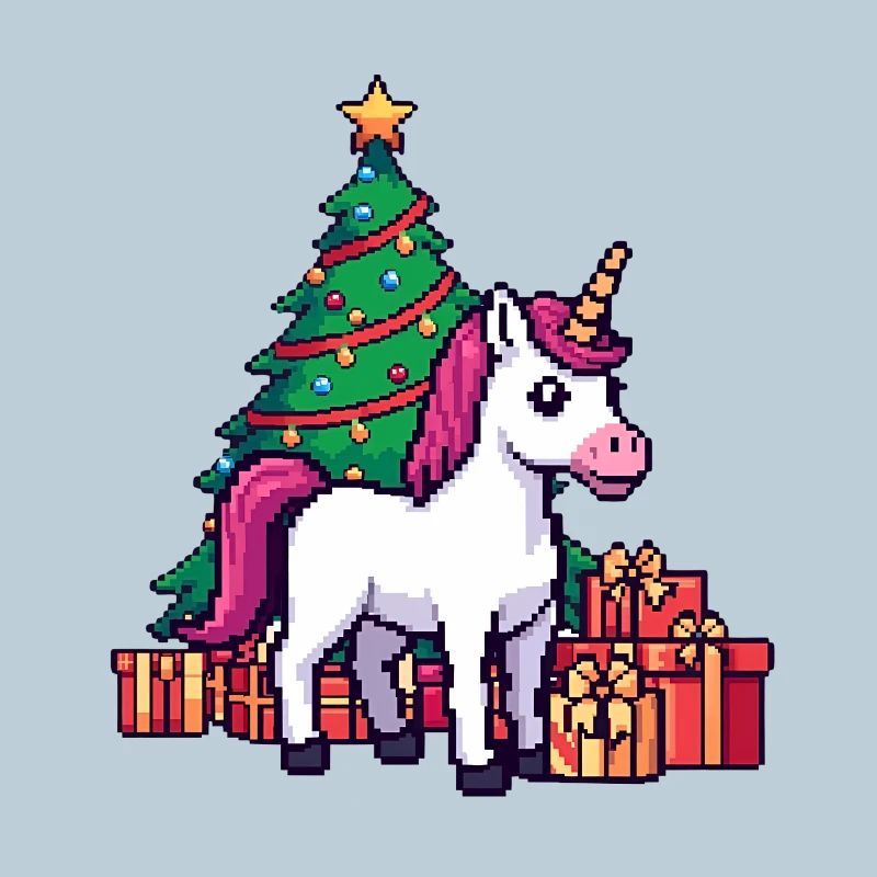 Pixel Einhorn & Weihnachtsbaum Retro Kunst