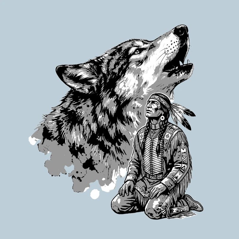 Indian warrior with howling wolf
