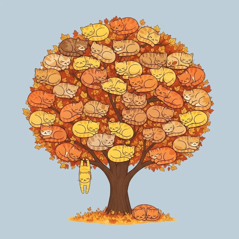 Cat Tree Autumn - Cute Sleeping Cats Design