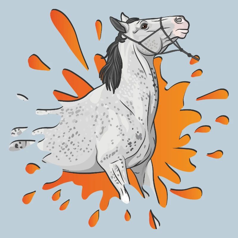 Ein graues Pferd in einem orangefarbenen Tintenklecks