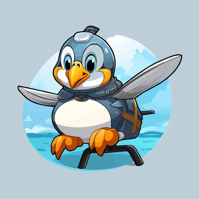 Flying penguin with backpack