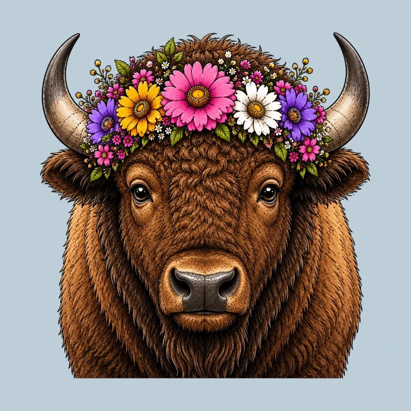 Bison mit Blumenschmuck 