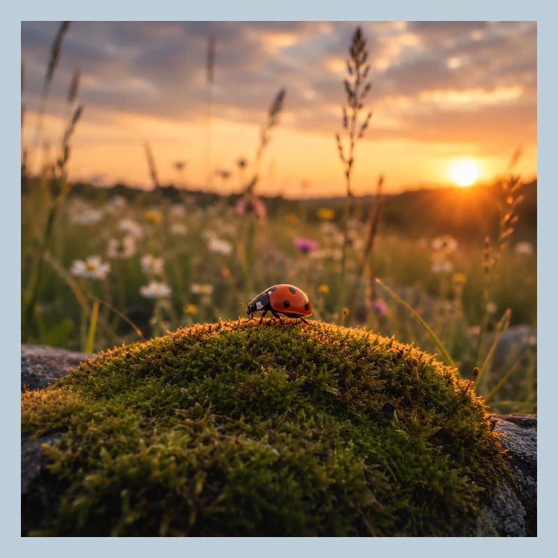 Coccinelle au coucher de soleil et à la mousse