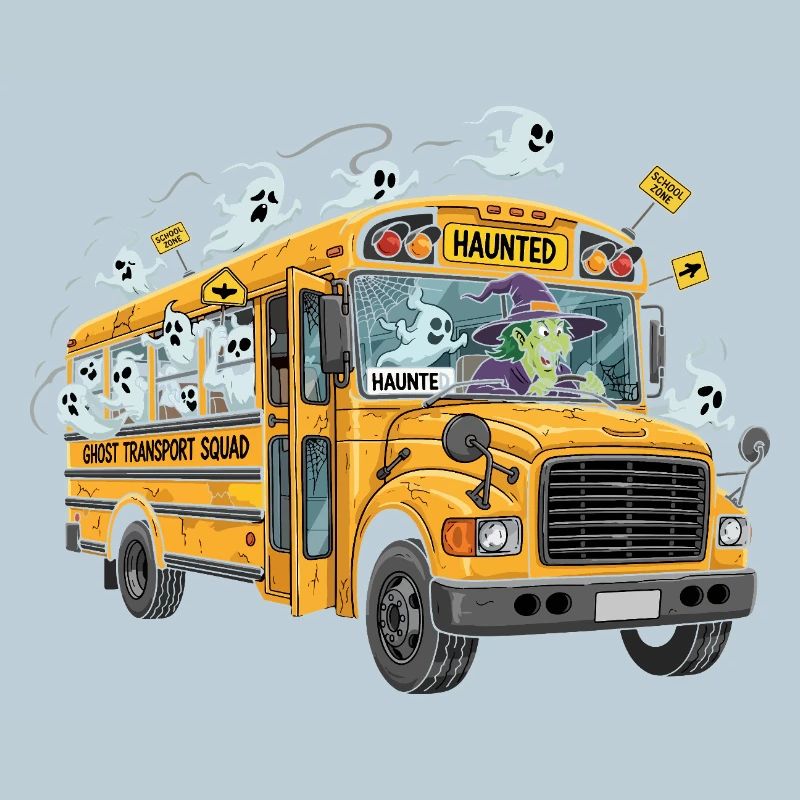 Haunted School Bus with Ghosts and Witch