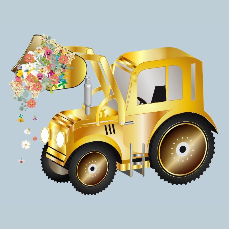 Tractor front loader with blossom flowers and greenery