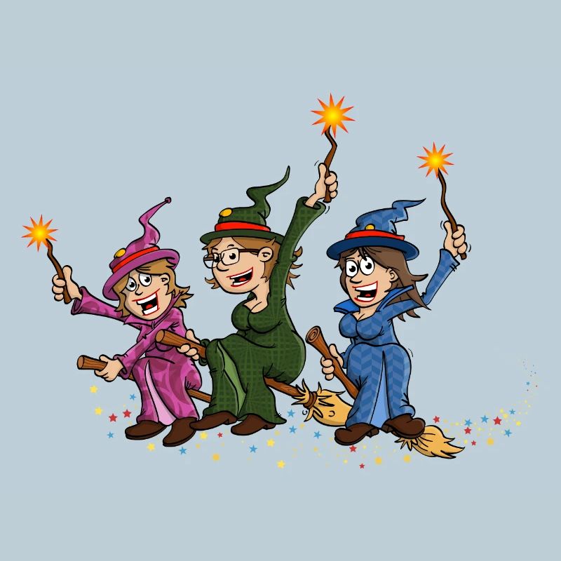 Illustration de 3 sorcières joyeuses sur des balais