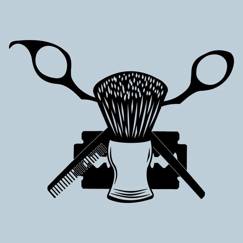 scissors shaving brush, razor blade