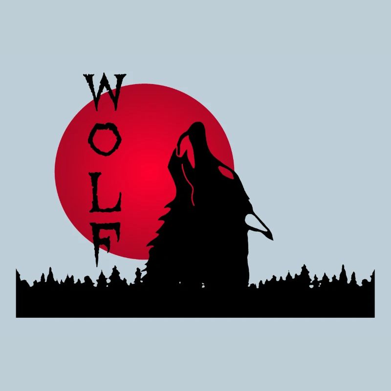 Black wolf, forest and sunset
