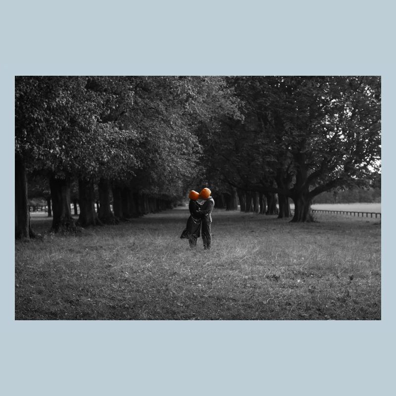 Silhouetted Pumpkin Couple Under Tree Canopy