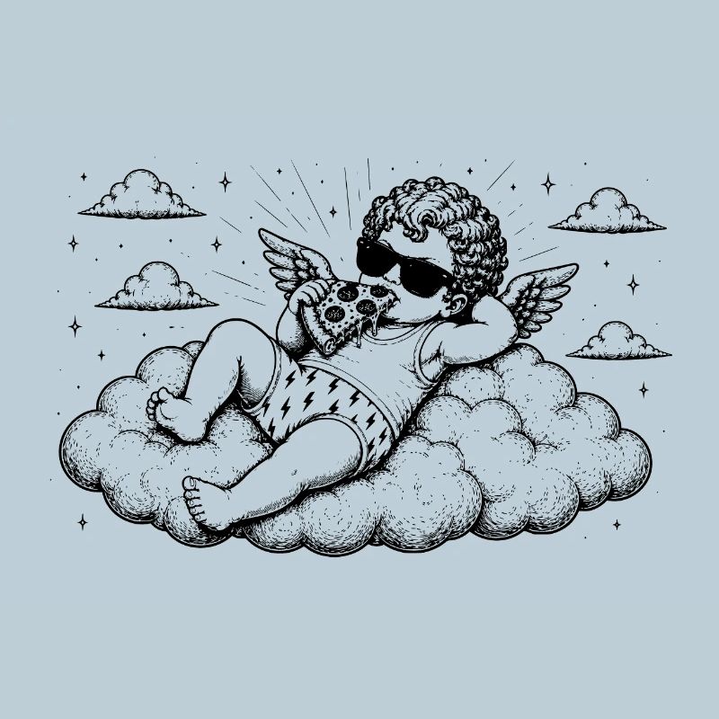 Cherub chills with pizza on cloud