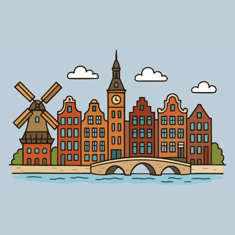 Amsterdam city view with windmill