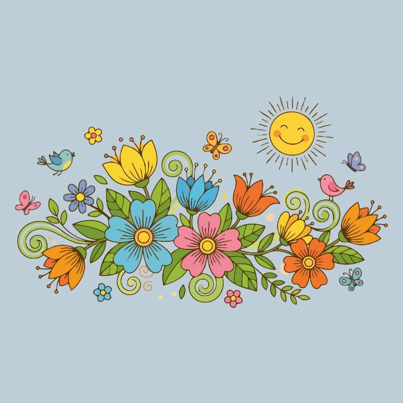 Le printemps fleurit les fleurs et les oiseaux au soleil