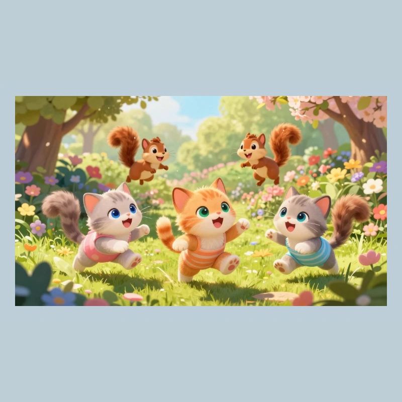 Cartoon Kätzchen und Eichhörnchen toben im Garten