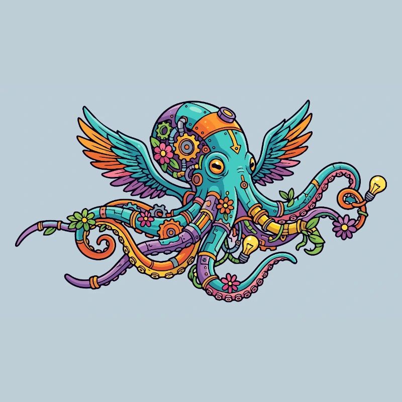Créatures fantastiques de pieuvre steampunk colorée avec des ailes