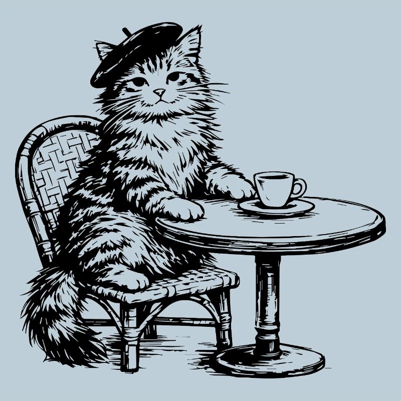 Katze mit Baskenmütze im Café Retro Design