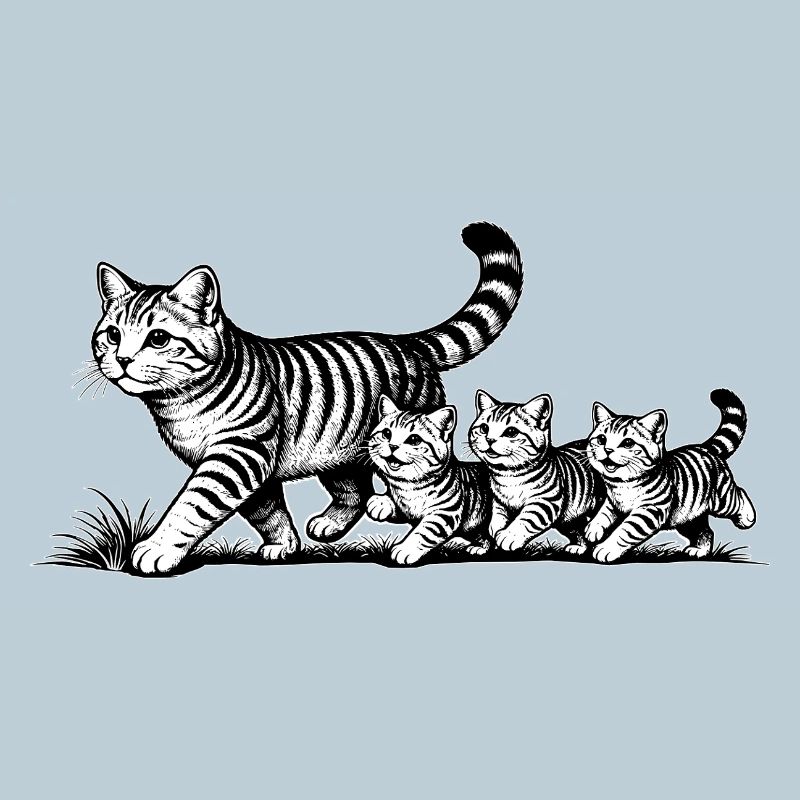 Katzenmutter mit 3 Katzenbabys schwarzweiß