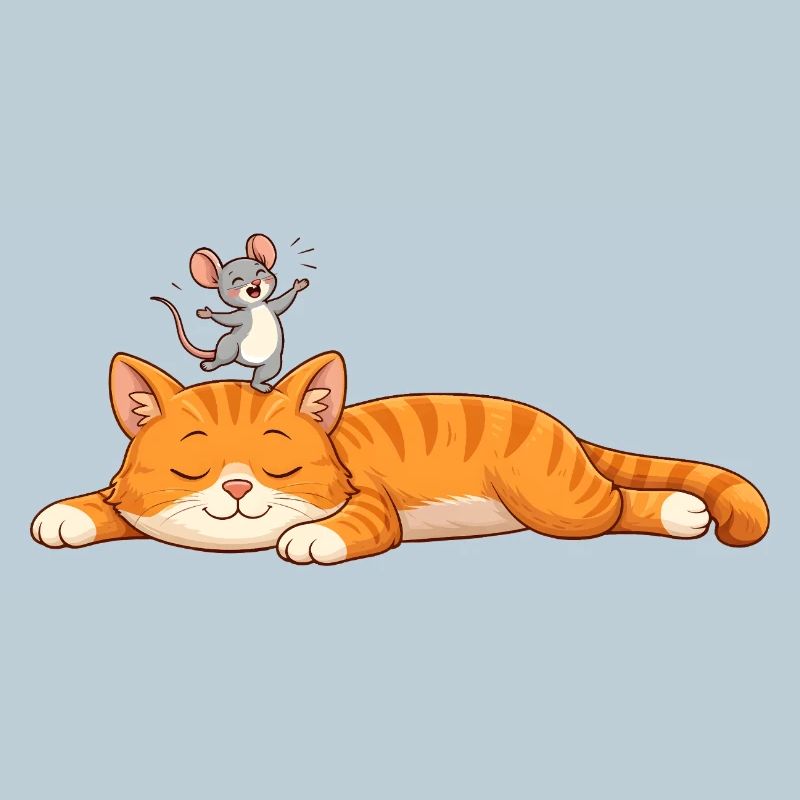 Sleeping cat with cheerful mouse