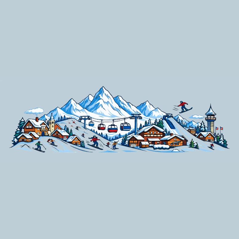 Alpine winter village with gondolas