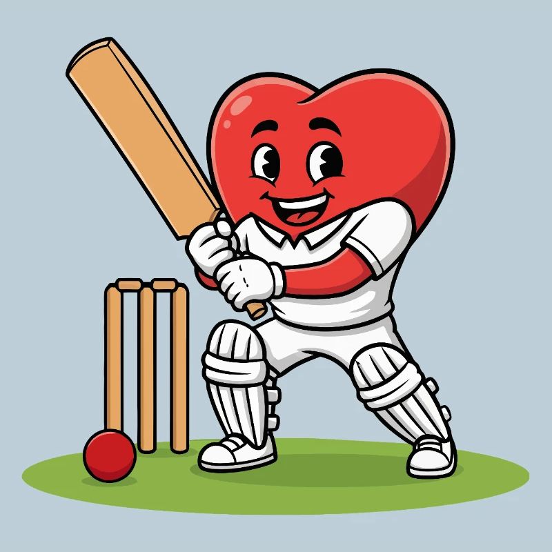 Cricket Herz Maskottchen mit Schläger und Ball