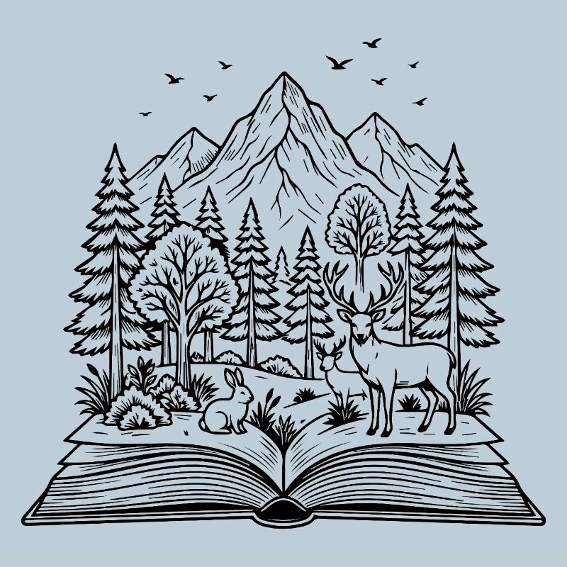 Offenes Buch mit Wald, Hirsch & Kaninchen Design