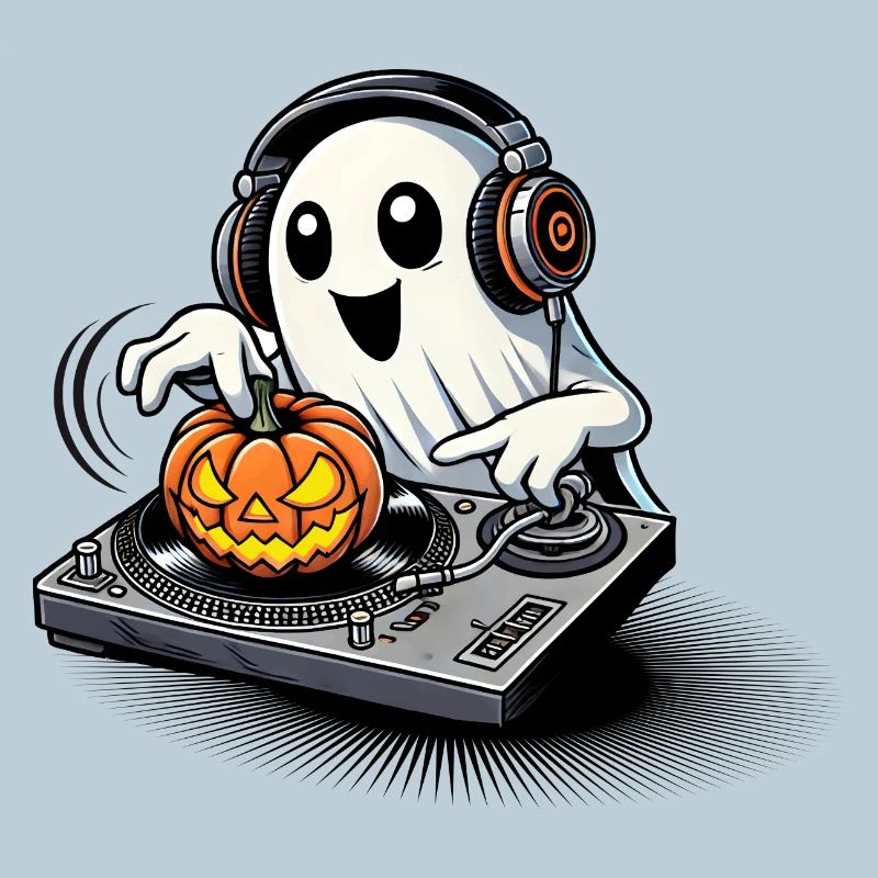 Happy Halloween ghost as a DJ with a pumpkin