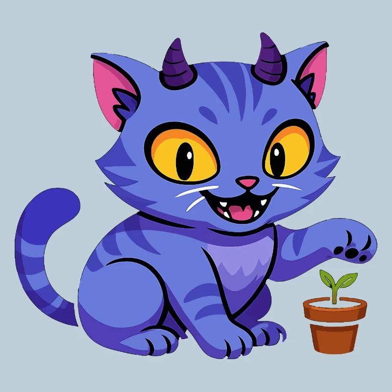 Blue cat leprechaun with plant